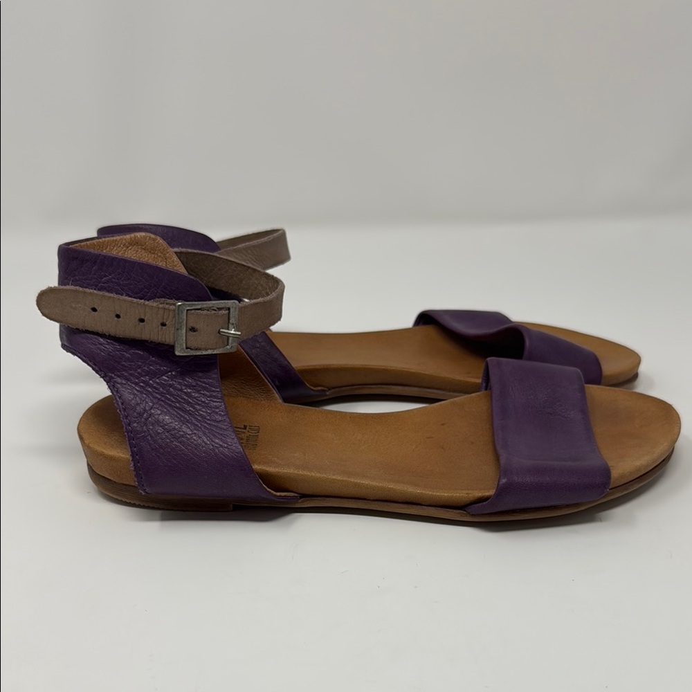 Miz Mooz Purple and Brown Leather Flat Sandals with Ankle StrapMinimalist Design